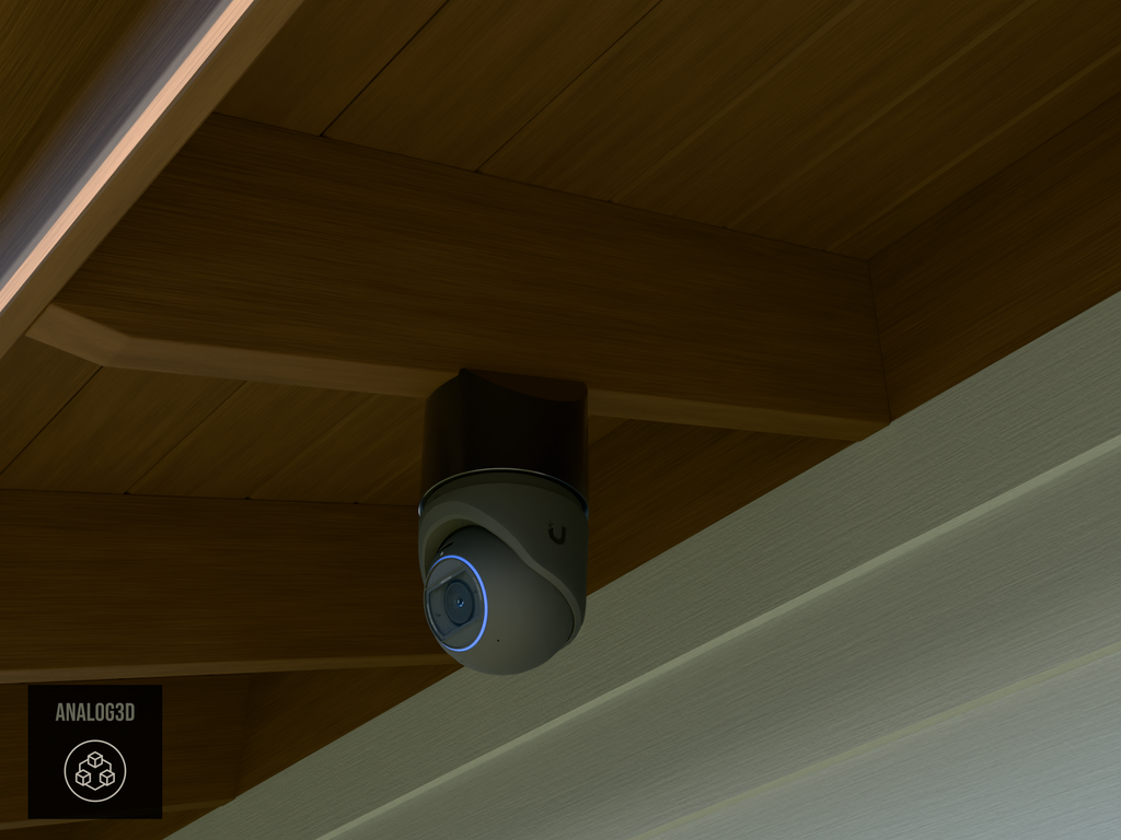 Ubiquiti UVC-G6-Pro-Turret black edition on black PETG angled rafter tail mount installed on an exposed rafter tail in daylight, 4in extension at 4/12 pitch