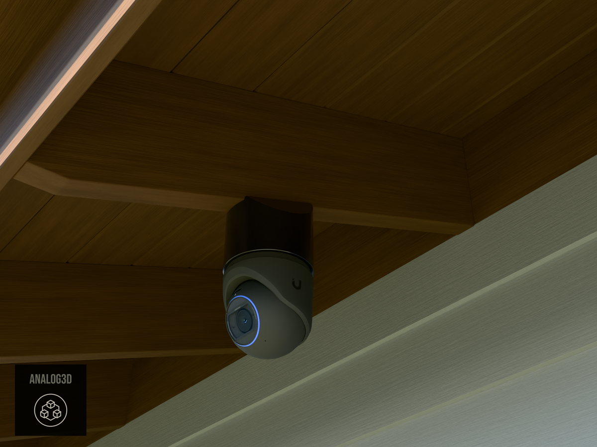 Ubiquiti UVC-G6-Pro-Turret black edition on black PETG angled rafter tail mount installed on an exposed rafter tail in daylight, 4in extension at 4/12 pitch