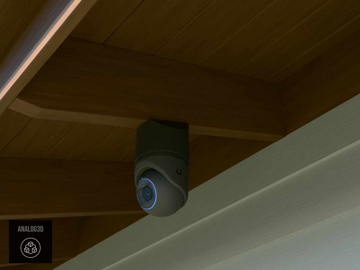 Ubiquiti UVC-G6-Pro-Turret black edition on black PETG carbon fiber angled rafter tail mount installed on an exposed rafter tail in daylight, 4in extension at 4/12 pitch