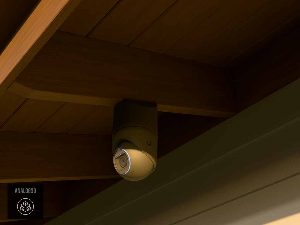 Ubiquiti UVC-G6-Pro-Turret black edition on black PETG carbon fiber angled rafter tail mount installed on an exposed rafter tail at golden hour, 4in extension at 4/12 pitch