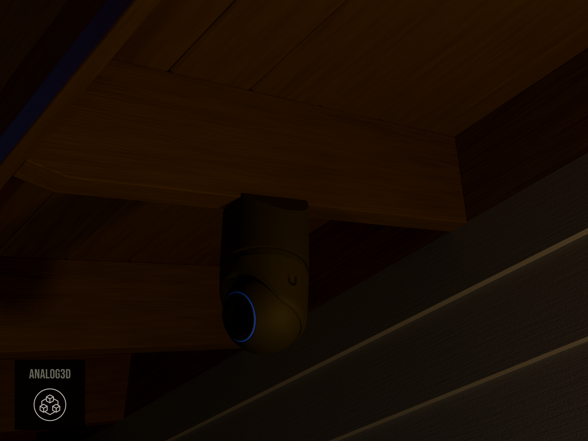 Ubiquiti UVC-G6-Pro-Turret black edition on black PETG carbon fiber angled rafter tail mount installed on an exposed rafter tail at night, 4in extension at 4/12 pitch