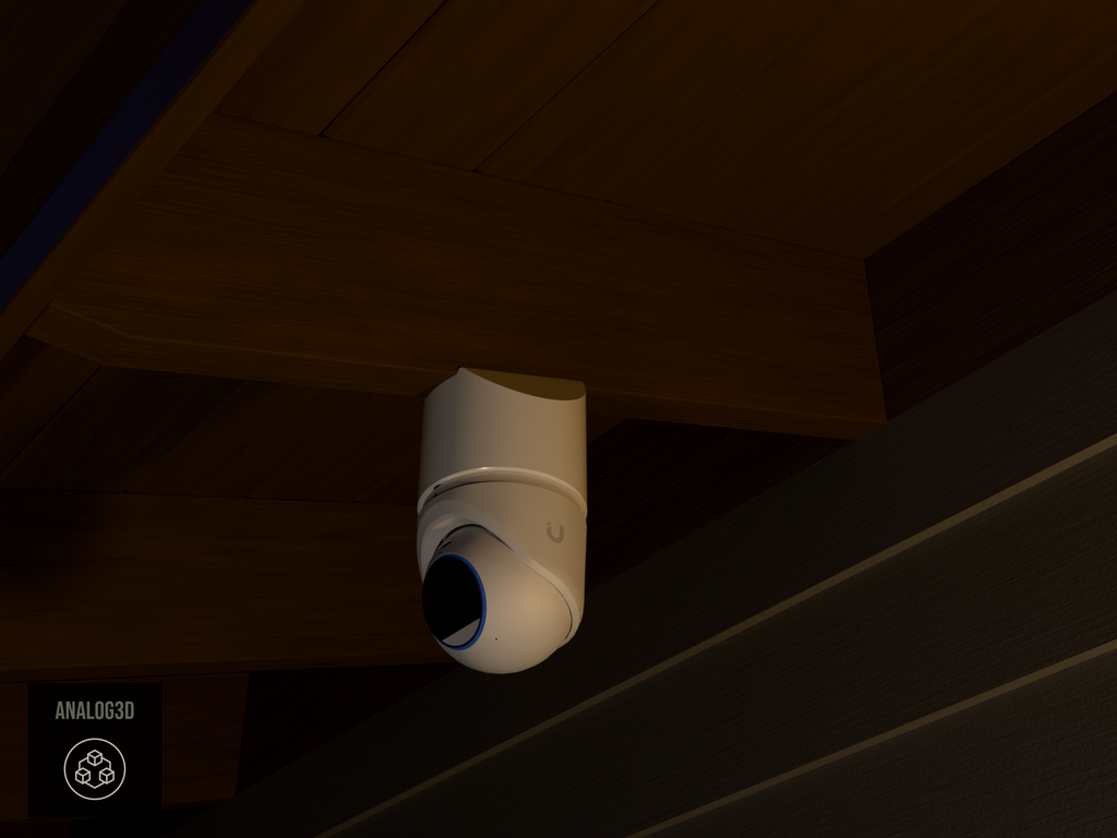 Ubiquiti UVC-G6-Pro-Turret on white PETG angled rafter tail mount installed on an exposed rafter tail at night, 4in extension at 4/12 pitch