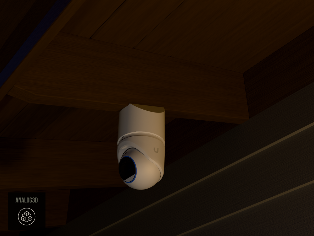 Ubiquiti UVC-G6-Pro-Turret on white PETG angled rafter tail mount installed on an exposed rafter tail at night, 4in extension at 4/12 pitch