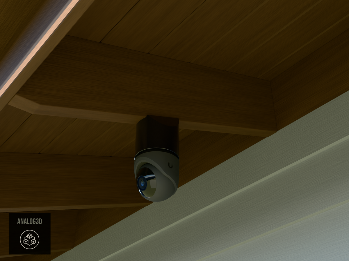 Ubiquiti UVC-G6-Turret black edition on black PETG angled rafter tail mount installed on an exposed rafter tail in daylight, 4in extension at 4/12 pitch