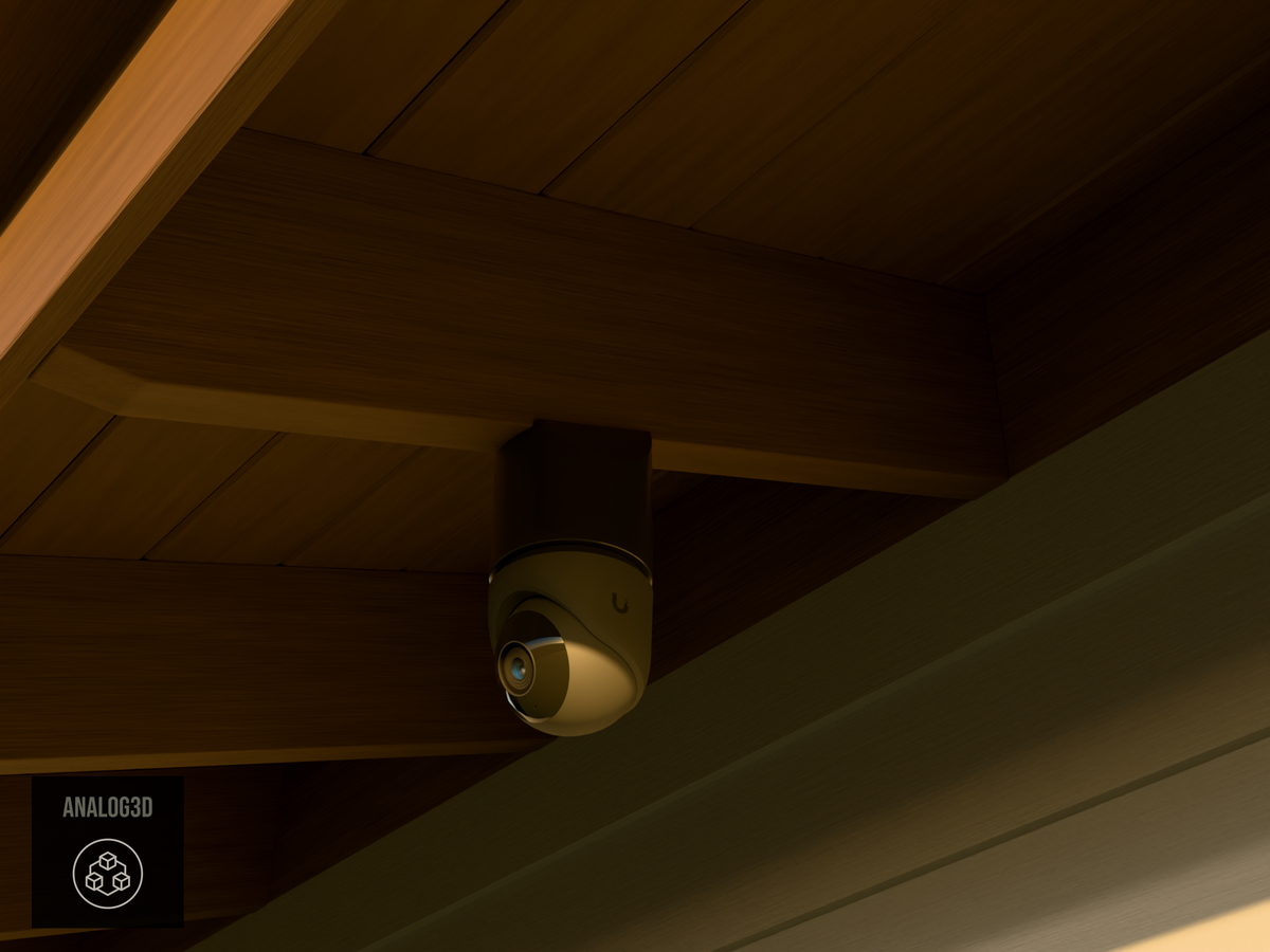 Ubiquiti UVC-G6-Turret black edition on black PETG angled rafter tail mount installed on an exposed rafter tail at golden hour, 4in extension at 4/12 pitch
