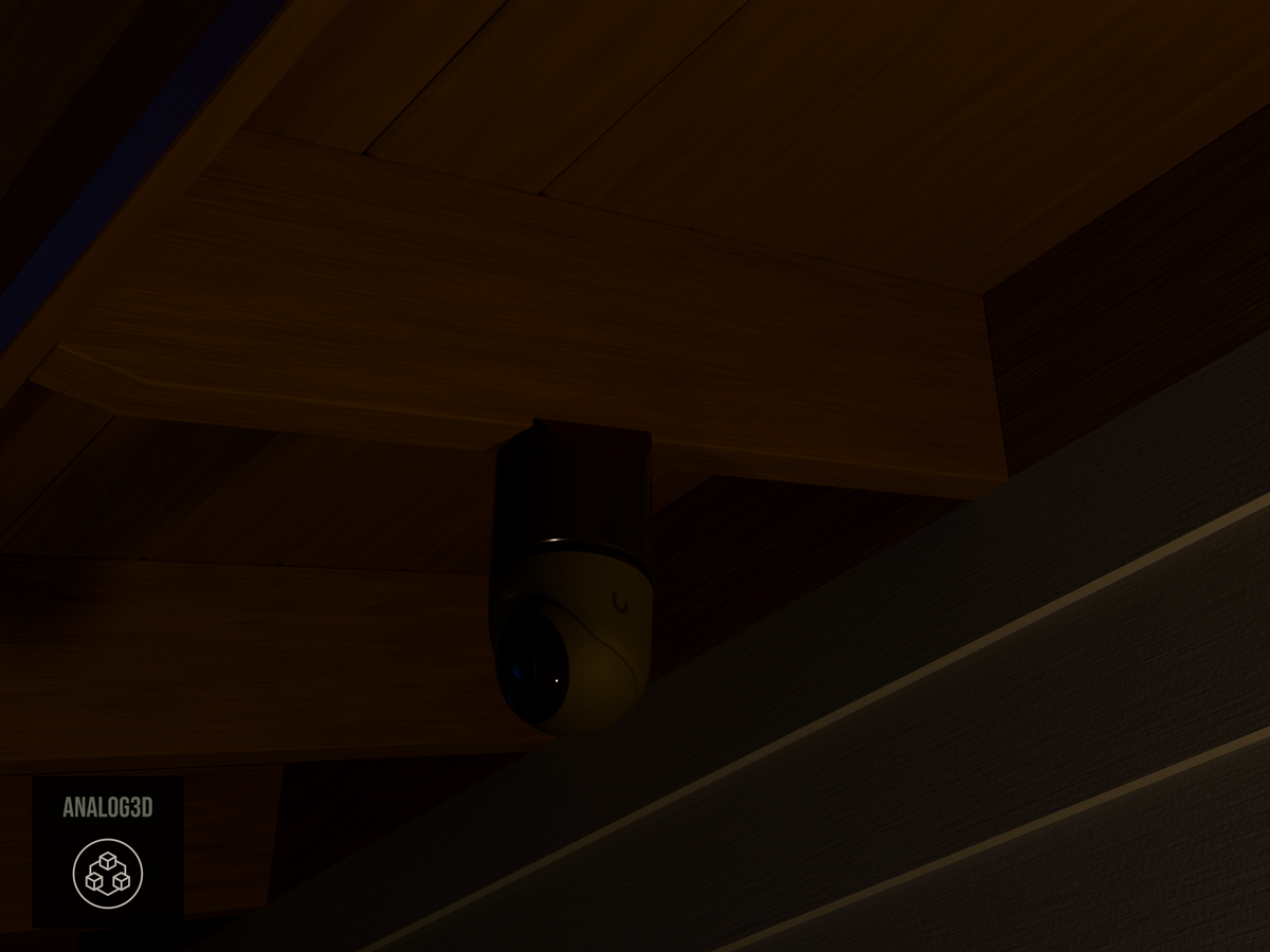 Ubiquiti UVC-G6-Turret black edition on black PETG angled rafter tail mount installed on an exposed rafter tail at night, 4in extension at 4/12 pitch