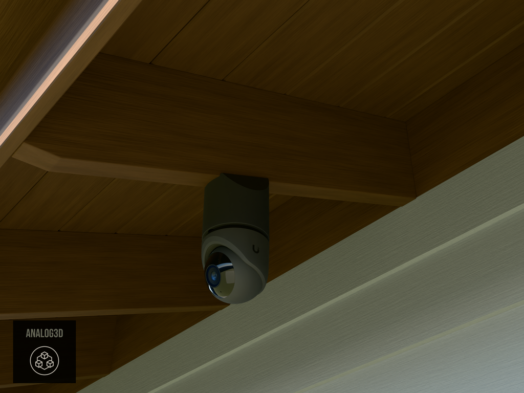 Ubiquiti UVC-G6-Turret black edition on black PETG carbon fiber angled rafter tail mount installed on an exposed rafter tail in daylight, 4in extension at 4/12 pitch
