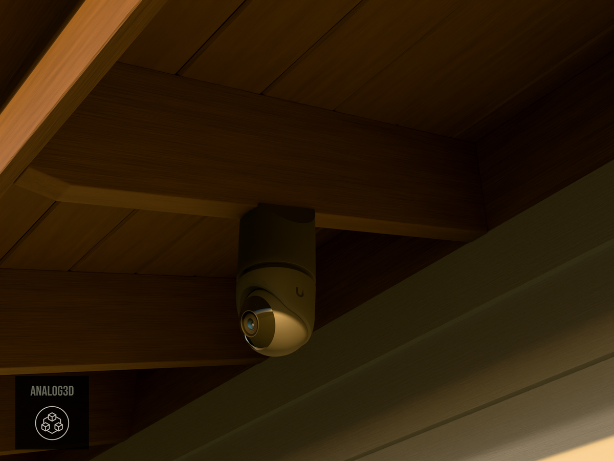 Ubiquiti UVC-G6-Turret black edition on black PETG carbon fiber angled rafter tail mount installed on an exposed rafter tail at golden hour, 4in extension at 4/12 pitch