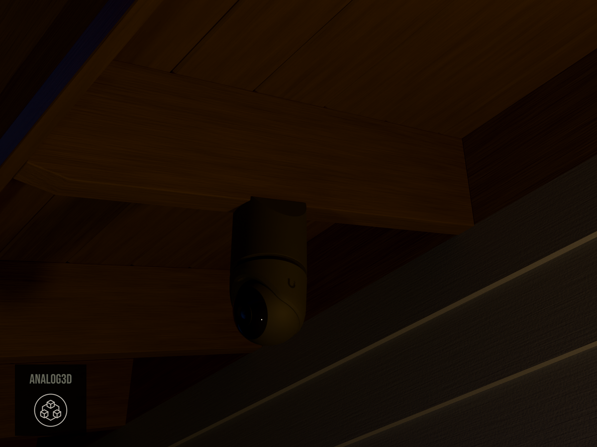 Ubiquiti UVC-G6-Turret black edition on black PETG carbon fiber angled rafter tail mount installed on an exposed rafter tail at night, 4in extension at 4/12 pitch