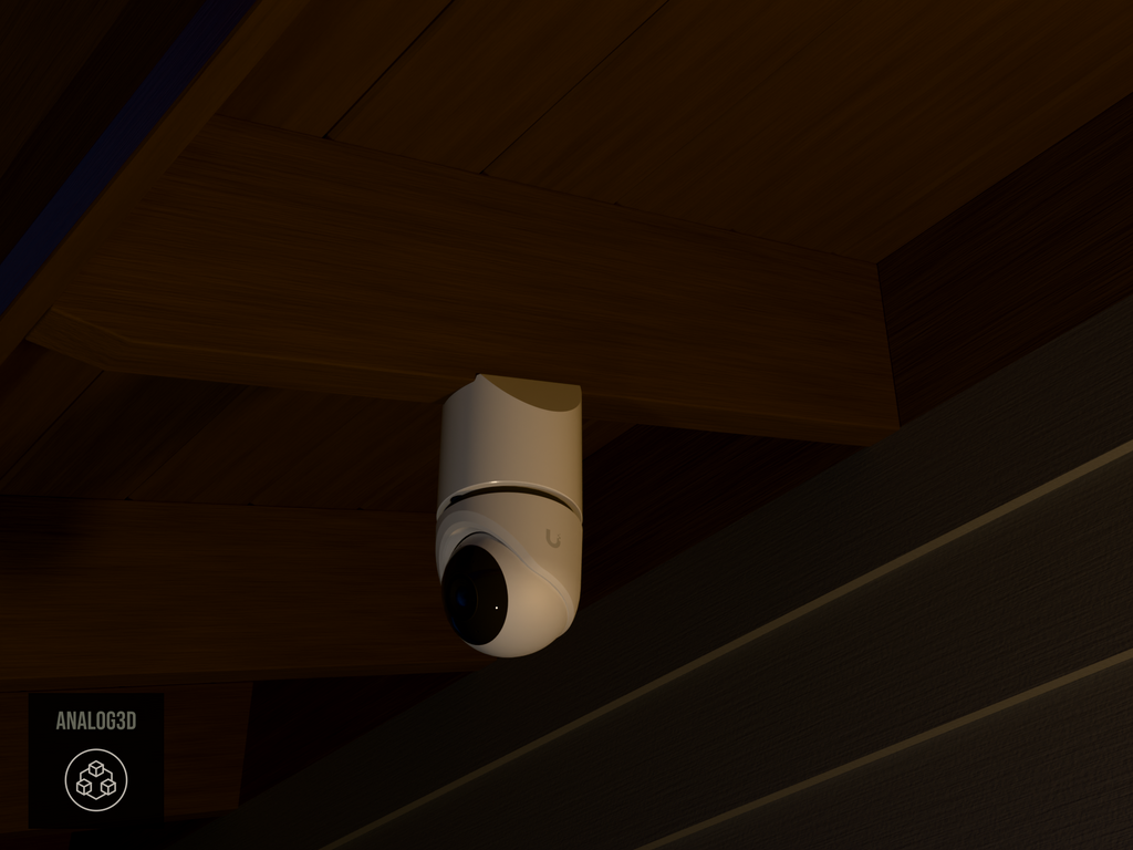 Ubiquiti UVC-G6-Turret on white PETG angled rafter tail mount installed on an exposed rafter tail at night, 4in extension at 4/12 pitch