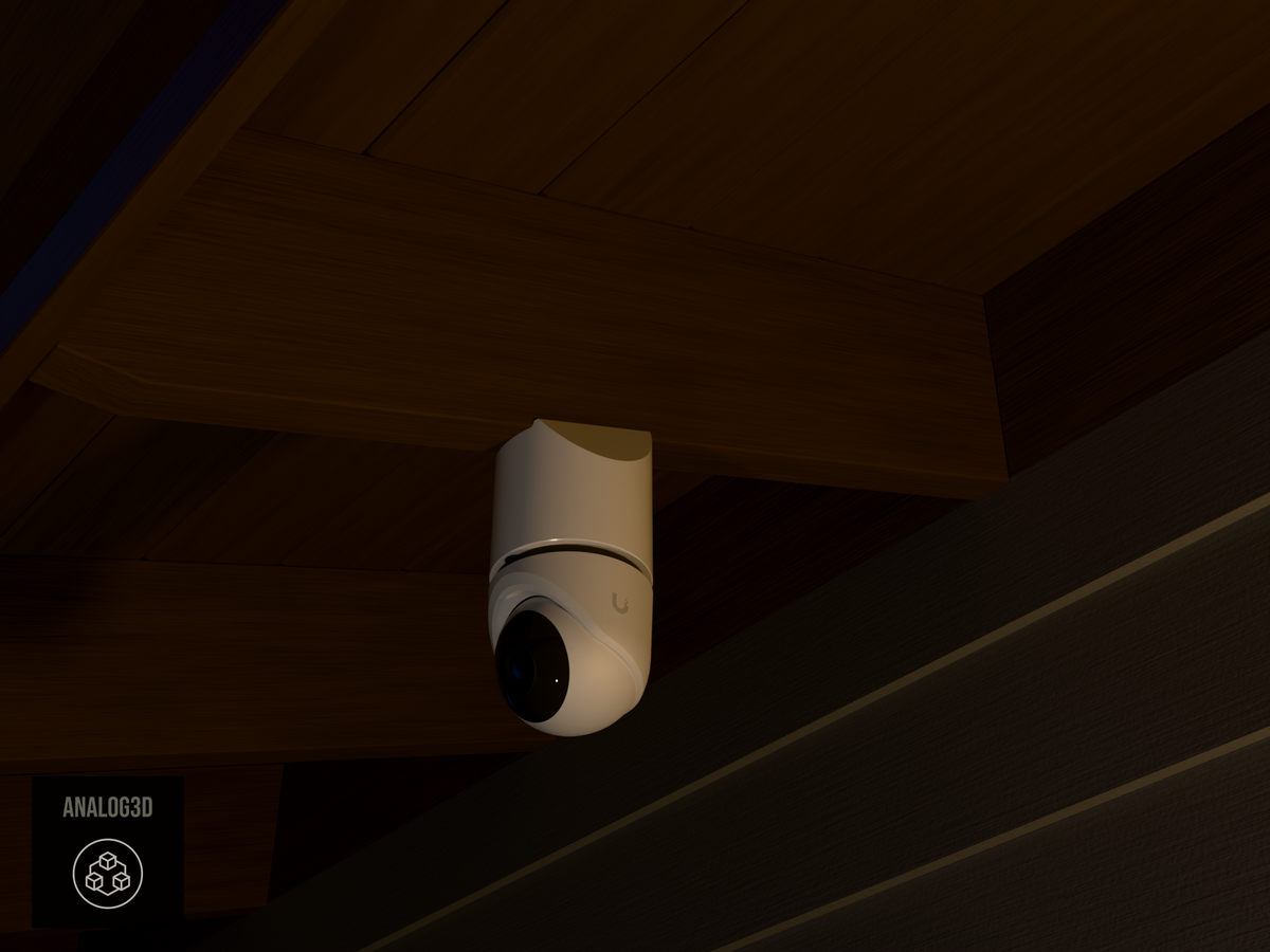 Ubiquiti UVC-G6-Turret on white PETG angled rafter tail mount installed on an exposed rafter tail at night, 4in extension at 4/12 pitch