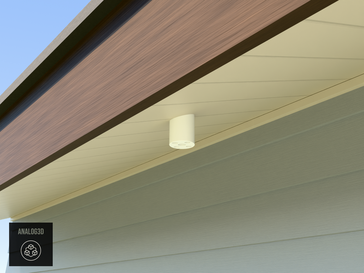 Ring Spotlight and Outdoor Cam angled soffit mount installed on an angled soffit, White PETG, daylight scene