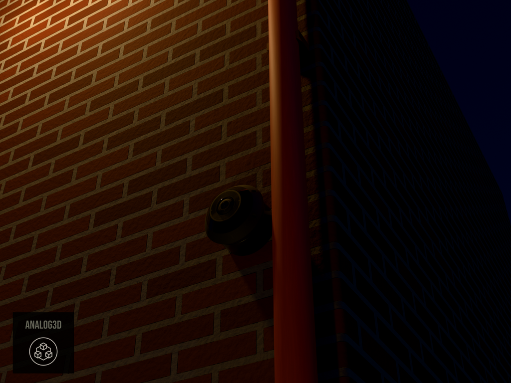 UniFi G6 Pro 360 wall-ceiling mount installed on a brick wall beside a drain pipe, Black PETG, night