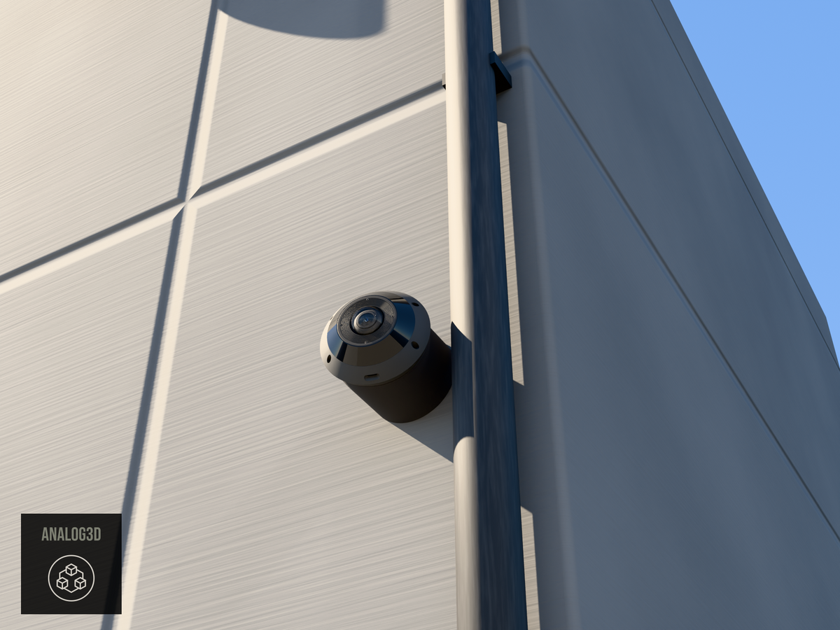 UniFi G6 Pro 360 angled wall-ceiling mount - Carbon Fiber PETG - 3 in - concrete wall with drain pipe, camera aimed along the wall