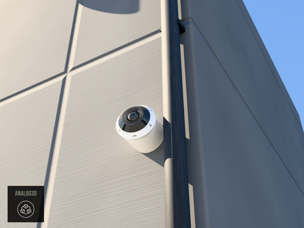 UniFi G6 Pro 360 angled wall-ceiling mount - White PETG - 3 in - concrete wall with drain pipe, camera aimed along the wall