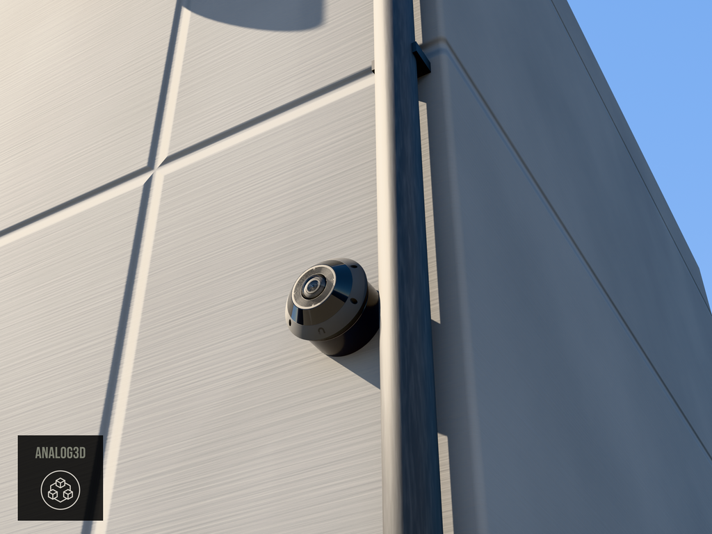 UniFi G6 Pro 360 wall-ceiling mount installed on a concrete panel wall beside a drain pipe, Black PETG, daylight