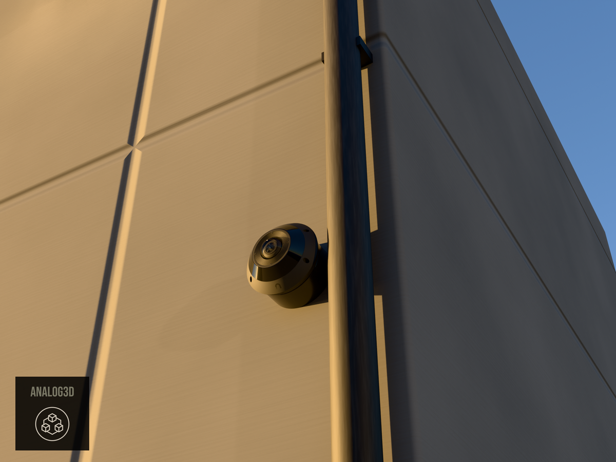 UniFi G6 Pro 360 wall-ceiling mount installed on a concrete panel wall beside a drain pipe, Black PETG, golden hour