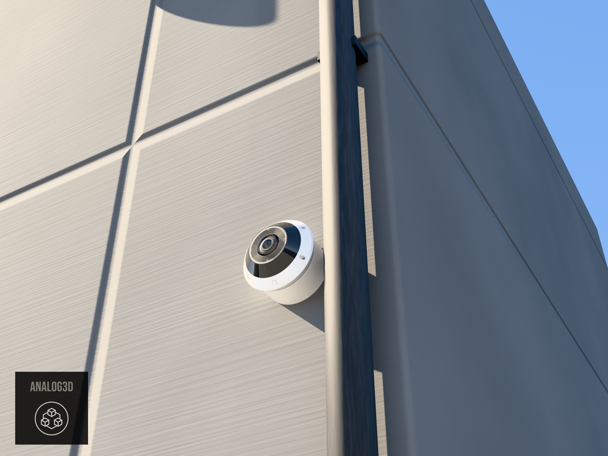 UniFi G6 Pro 360 wall-ceiling mount installed on a concrete panel wall beside a drain pipe, White PETG, daylight