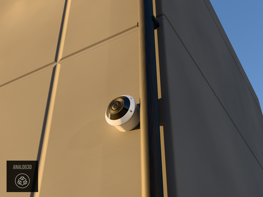 UniFi G6 Pro 360 wall-ceiling mount installed on a concrete panel wall beside a drain pipe, White PETG, golden hour