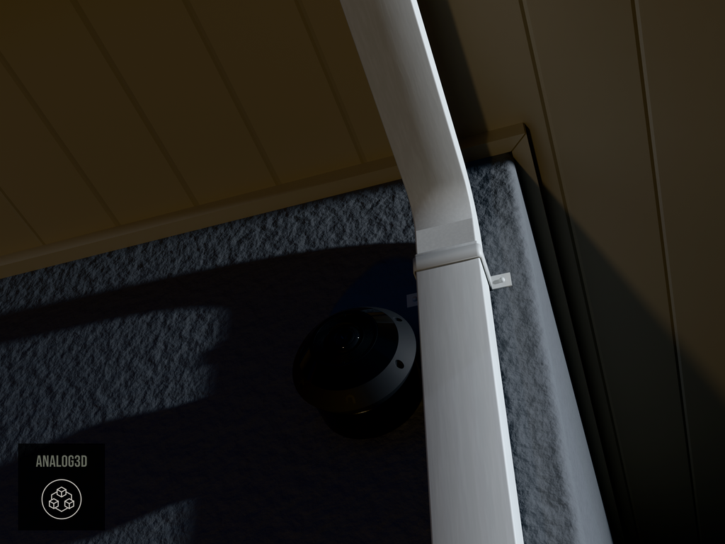 UniFi G6 Pro 360 wall-ceiling mount installed on a stucco wall beside a downspout, Black PETG, night