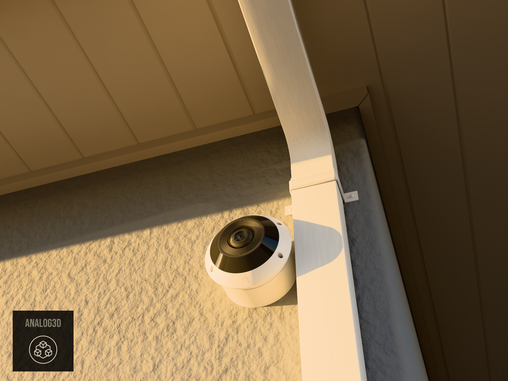 UniFi G6 Pro 360 wall-ceiling mount installed on a stucco wall beside a downspout, White PETG, golden hour