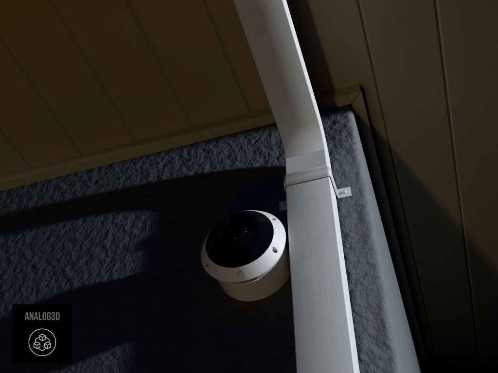 UniFi G6 Pro 360 wall-ceiling mount installed on a stucco wall beside a downspout, White PETG, night