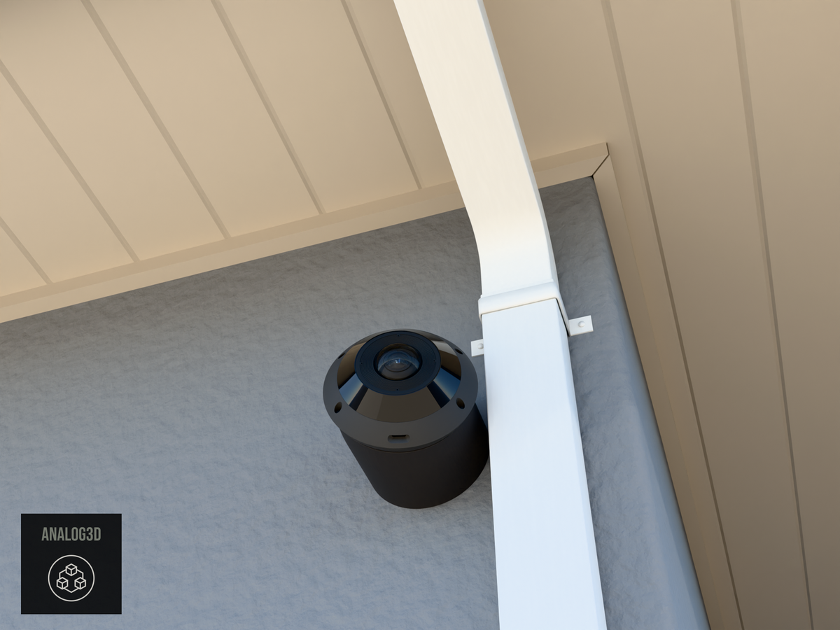 UniFi G6 Pro 360 angled wall-ceiling mount - Carbon Fiber PETG - 3 in - stucco wall with drain pipe, camera aimed along the wall
