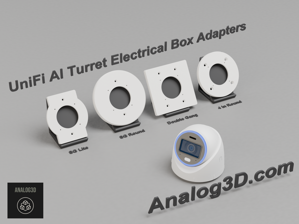 3D printed UniFi AI Turret electrical box adapter mounts on display stands - White PETG - Analog3D