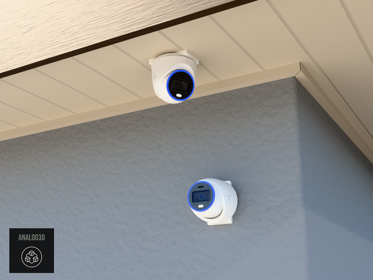 UVC-AI-Turret single-gang Lite adapter plate installed on a stucco wall and soffit