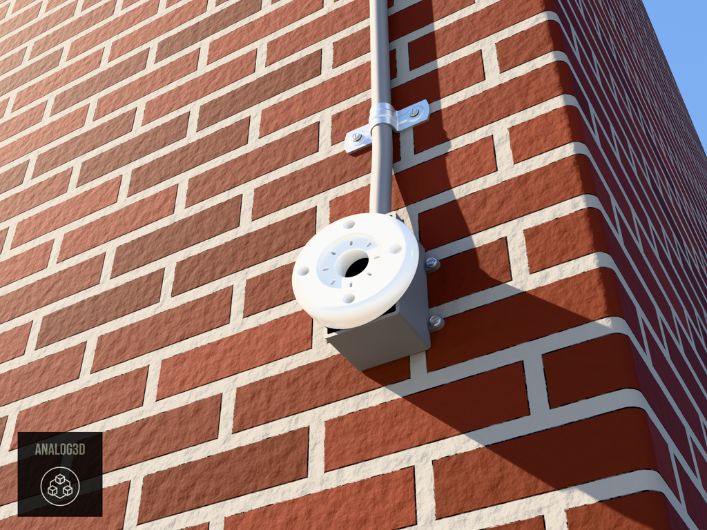 Angled single gang box adapter, 10 degree, bullet camera mount on a brick wall