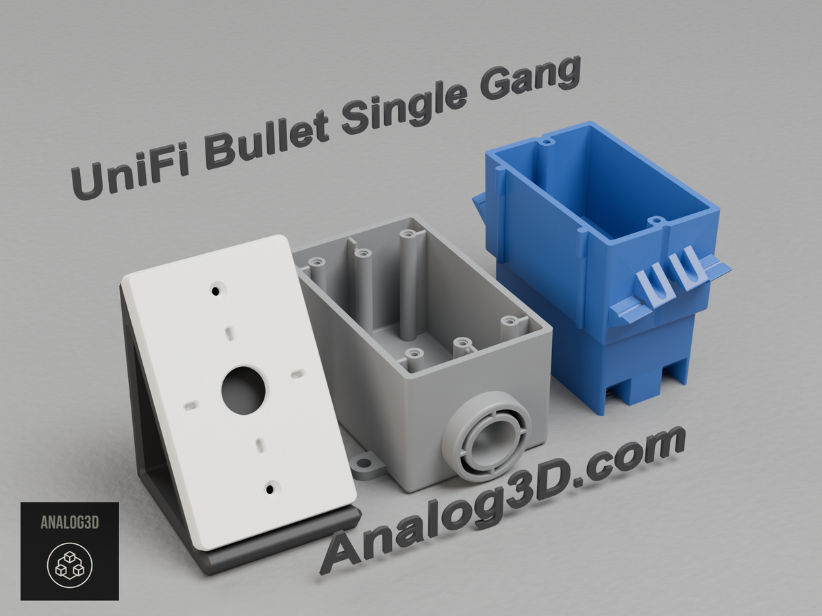3D printed UniFi Bullet single gang electrical box adapter on a display stand with SG junction boxes - Analog3D