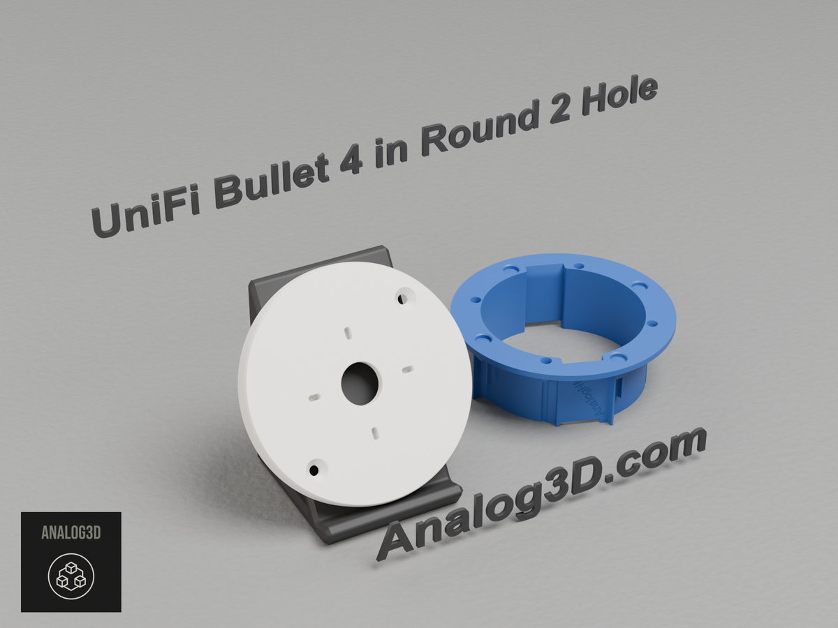 3D printed UniFi Bullet 4 inch round 2 hole electrical box adapter on a display stand with an old-work ring - Analog3D