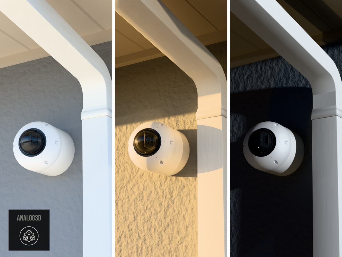 Ubiquiti UVC-G6-Dome on a 15 degree angled wall-ceiling mount, 3 inch extension, white PETG, installed beside a stucco wall with a downspout - daylight, golden hour, and night