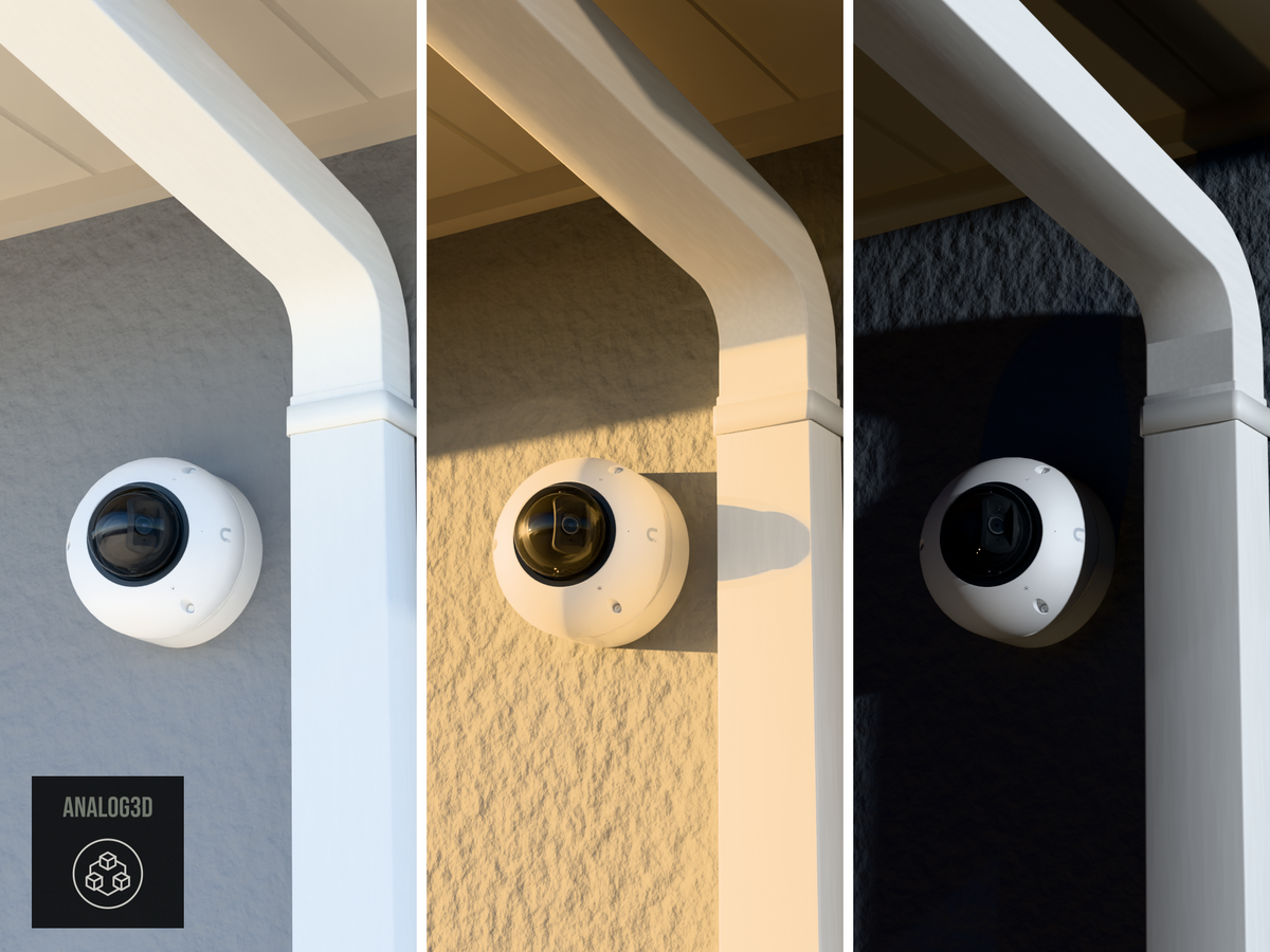 Ubiquiti UVC-G6-Dome on a 15 degree angled wall-ceiling mount, 1 inch extension, white PETG, installed beside a stucco wall with a downspout - daylight, golden hour, and night