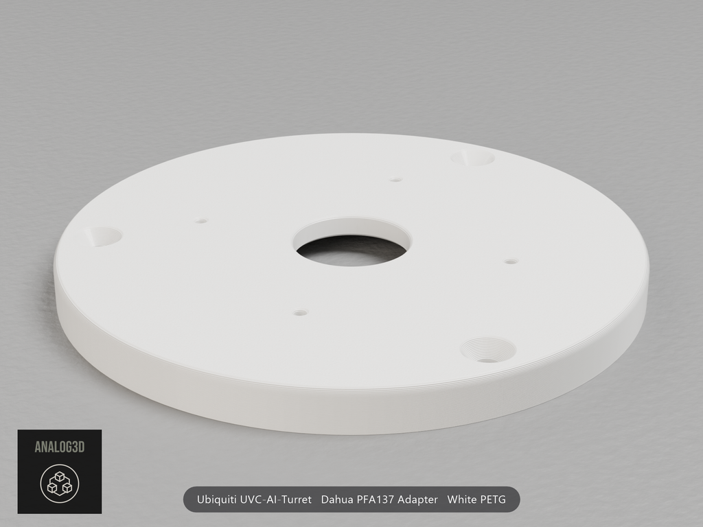 White PETG Dahua PFA137 adapter plate for the Ubiquiti UVC-AI-Turret, camera face