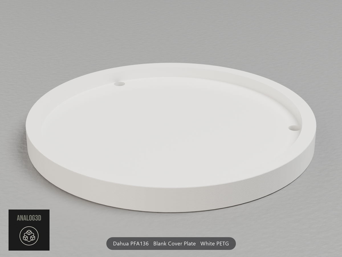 White PETG Dahua PFA136 blank cover plate, box side with the three countersunk holes