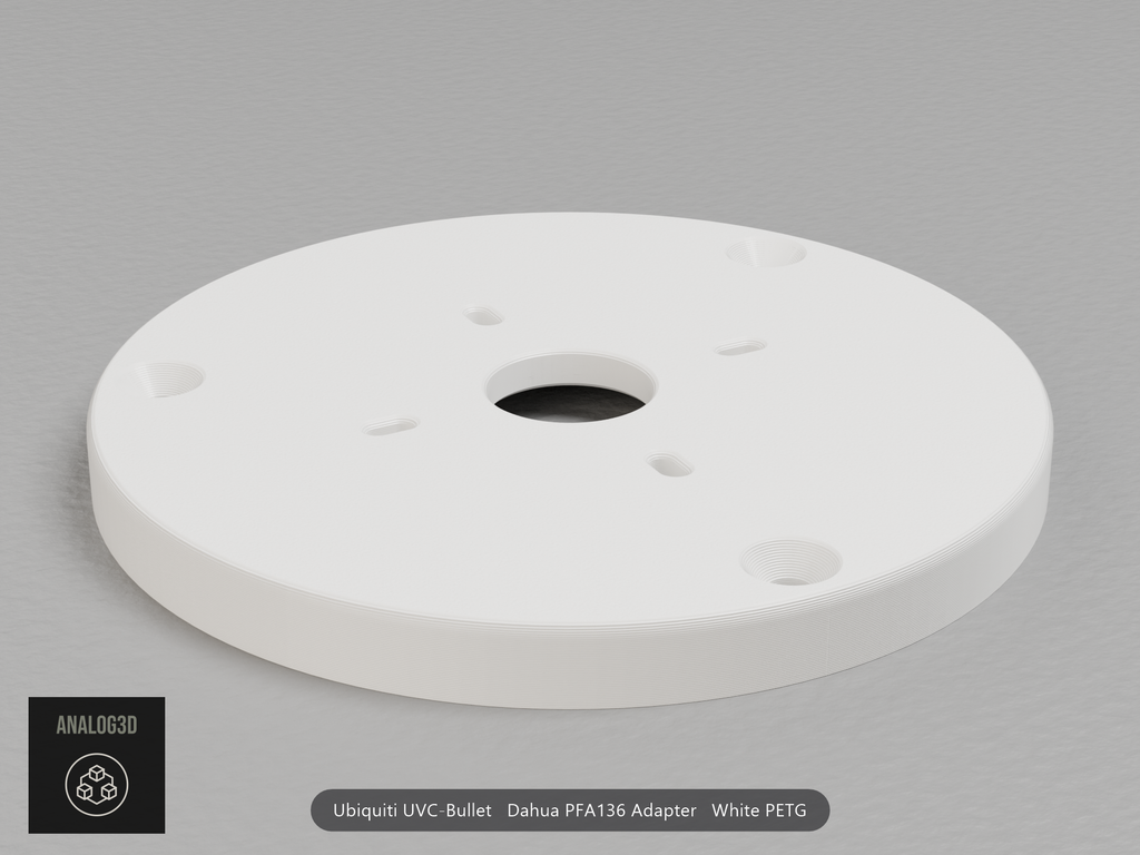 White PETG Dahua PFA136 adapter plate for the Ubiquiti UVC-Bullet, camera face