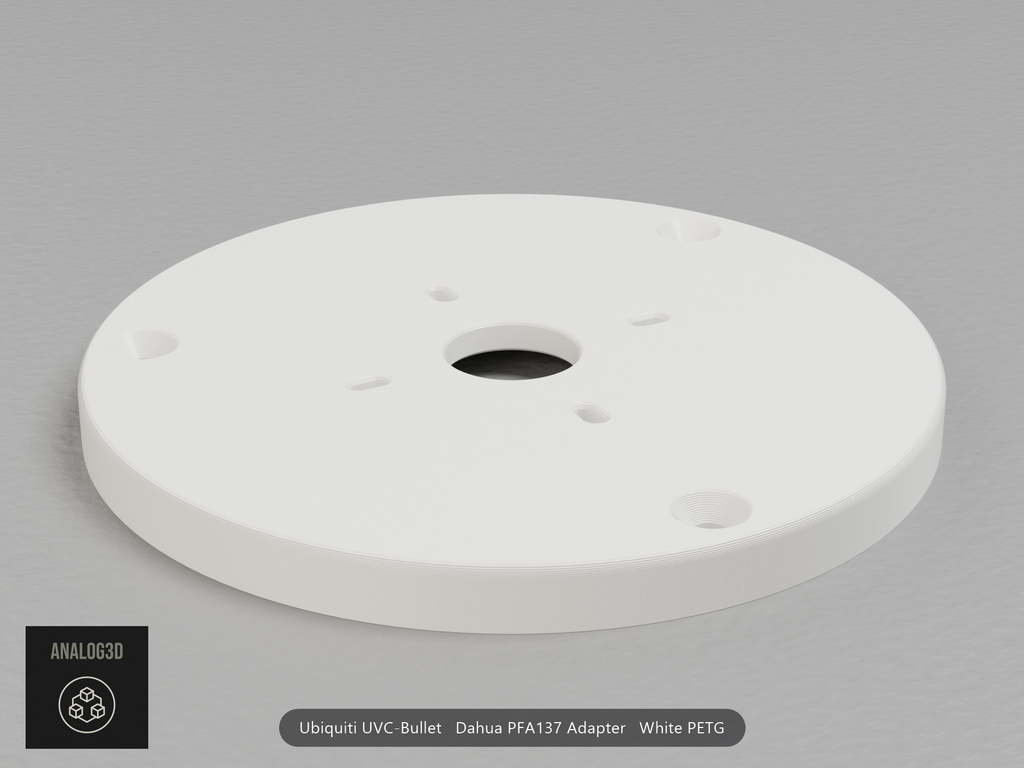 White PETG Dahua PFA137 adapter plate for the Ubiquiti UVC-Bullet, camera face