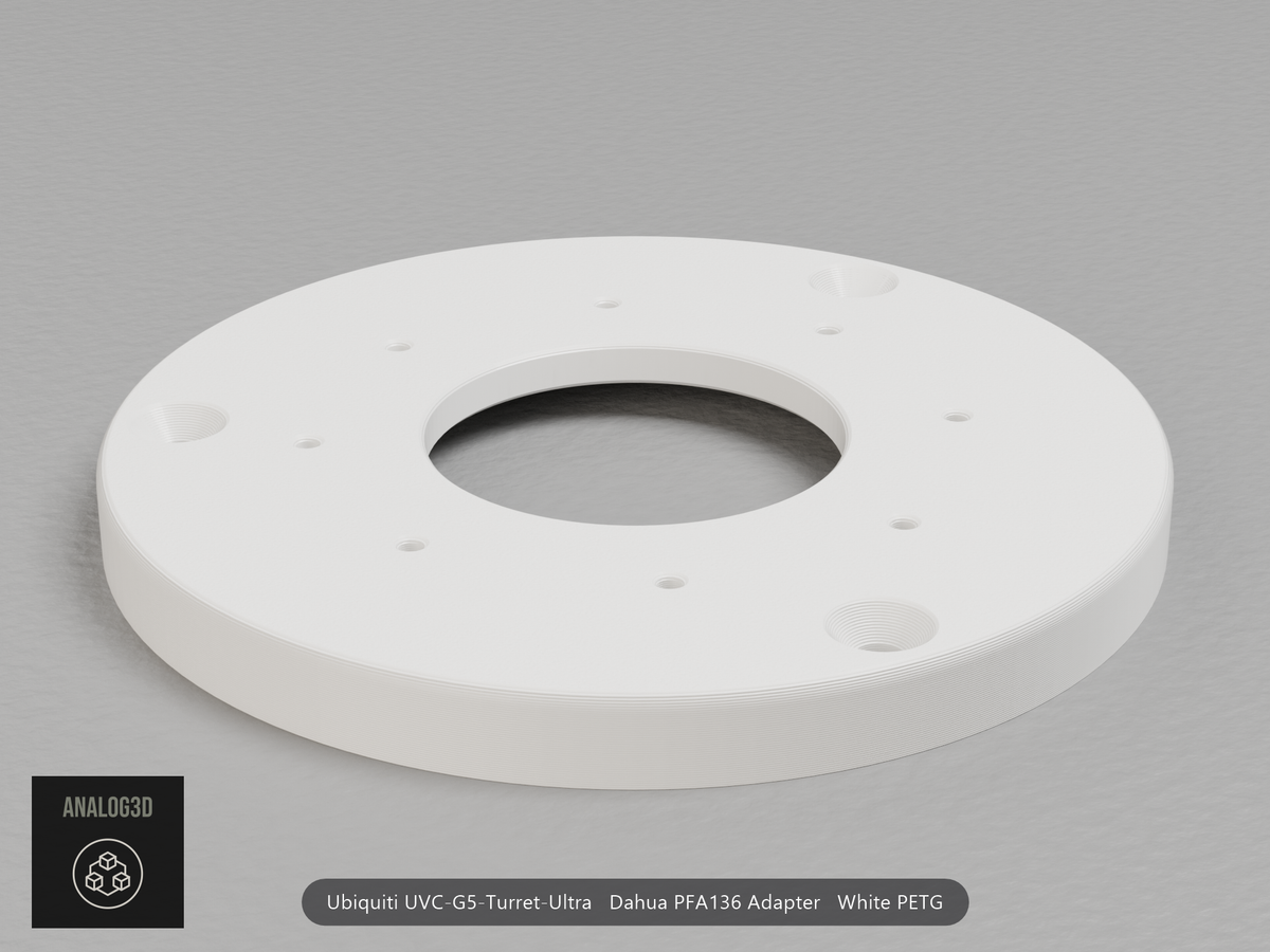 White PETG Dahua PFA136 adapter plate for the Ubiquiti UVC-G5-Turret-Ultra, camera face