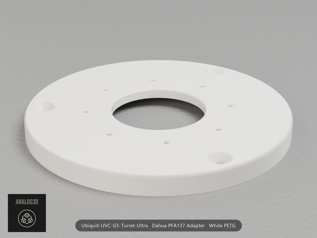 White PETG Dahua PFA137 adapter plate for the Ubiquiti UVC-G5-Turret-Ultra, camera face