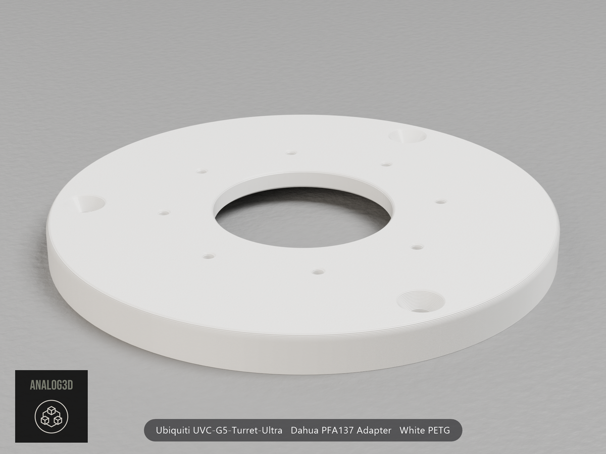 White PETG Dahua PFA137 adapter plate for the Ubiquiti UVC-G5-Turret-Ultra, camera face