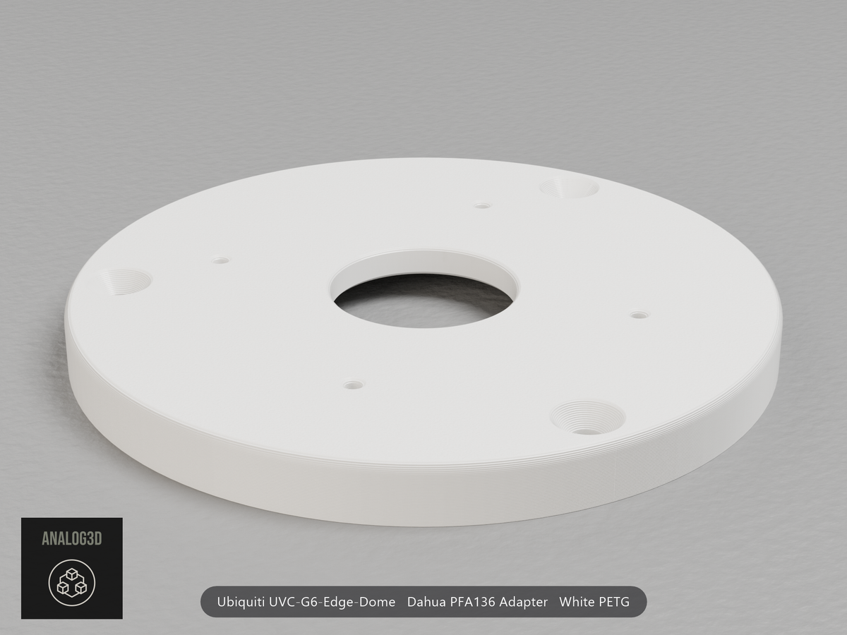White PETG Dahua PFA136 adapter plate for the Ubiquiti UVC-G6-Edge-Dome, camera face