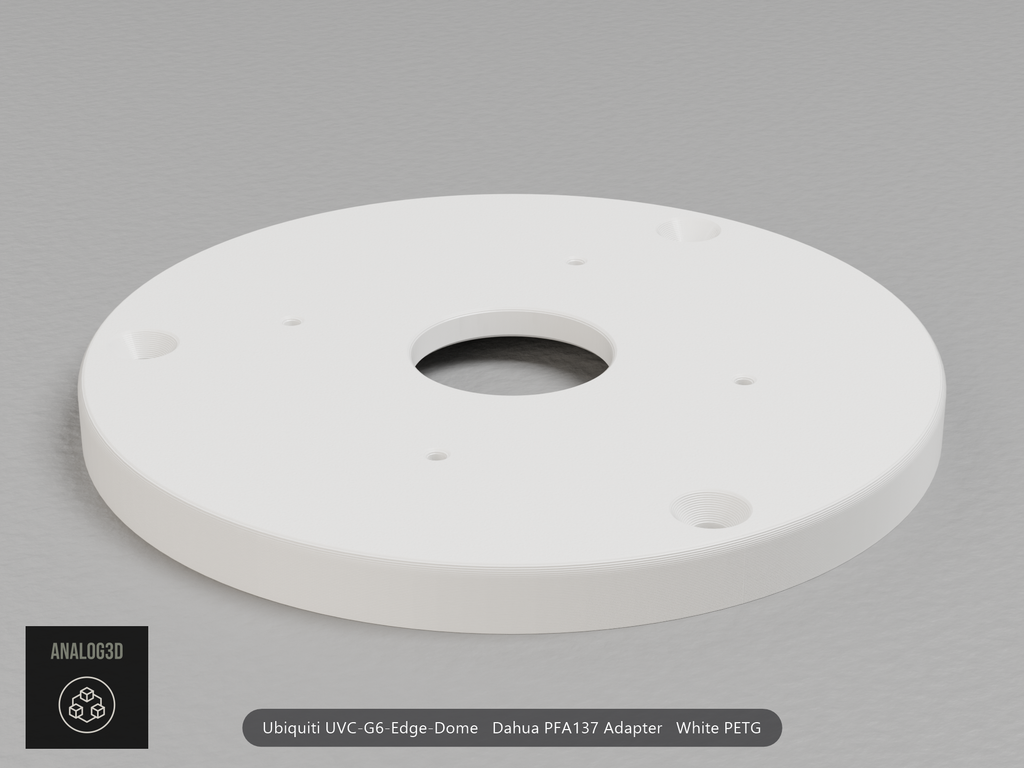 White PETG Dahua PFA137 adapter plate for the Ubiquiti UVC-G6-Edge-Dome, camera face