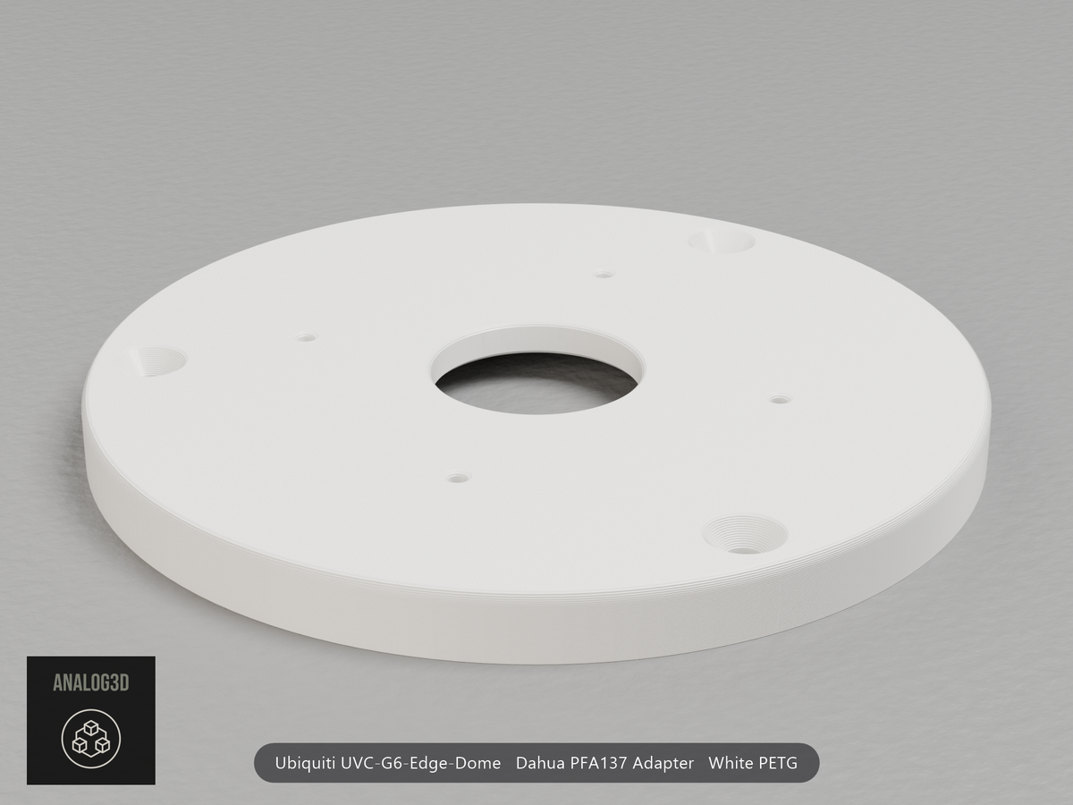 White PETG Dahua PFA137 adapter plate for the Ubiquiti UVC-G6-Edge-Dome, camera face