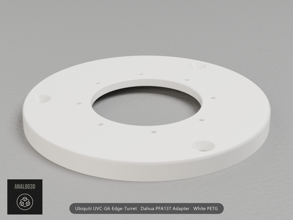 White PETG Dahua PFA137 adapter plate for the Ubiquiti UVC-G6-Edge-Turret, camera face