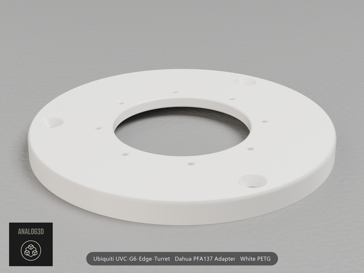 White PETG Dahua PFA137 adapter plate for the Ubiquiti UVC-G6-Edge-Turret, camera face