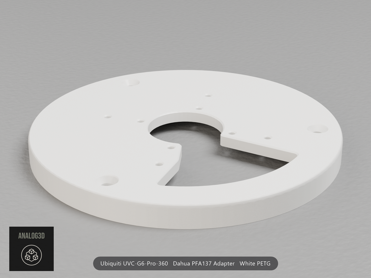 White PETG Dahua PFA137 adapter plate for the Ubiquiti UVC-G6-Pro-360, camera face
