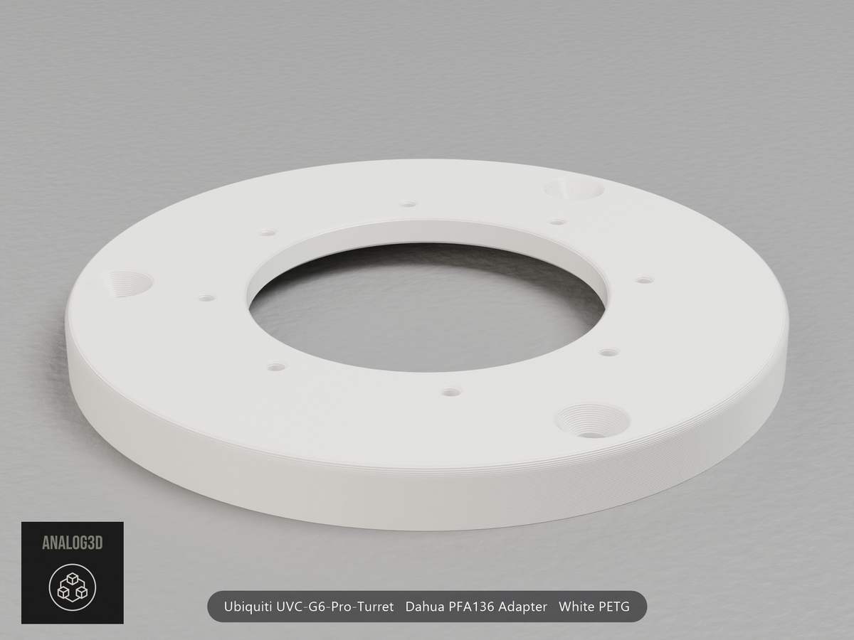 White PETG Dahua PFA136 adapter plate for the Ubiquiti UVC-G6-Pro-Turret, camera face