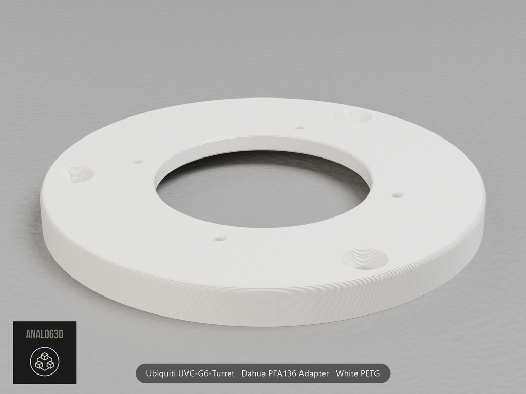 White PETG Dahua PFA136 adapter plate for the Ubiquiti UVC-G6-Turret, camera face