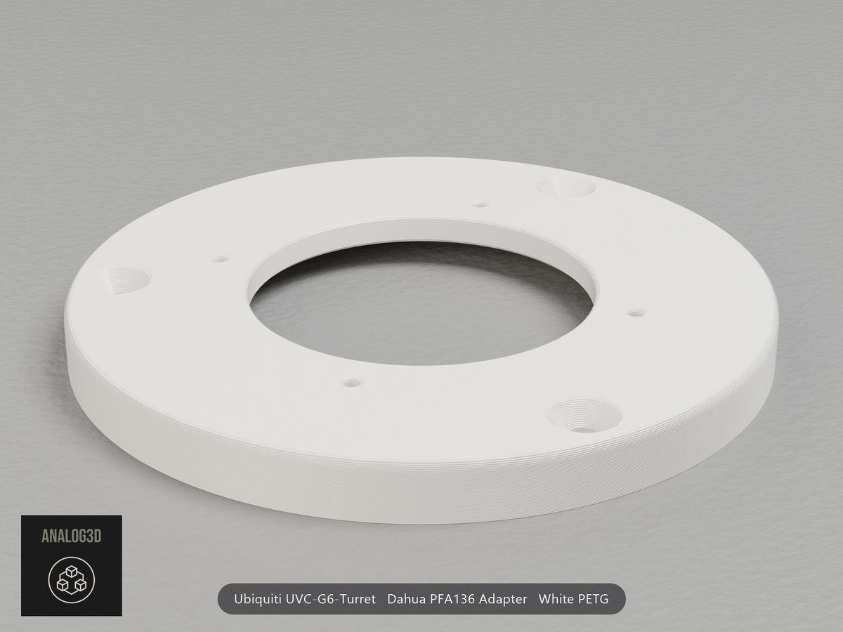 White PETG Dahua PFA136 adapter plate for the Ubiquiti UVC-G6-Turret, camera face